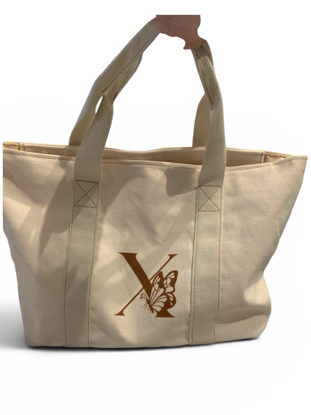 Canvas Tote Bag with Burgundy Monogram Accent - Cream